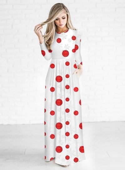 Oasap Christmas Decoration Print Round Neck Long Sleeve Maxi Dress