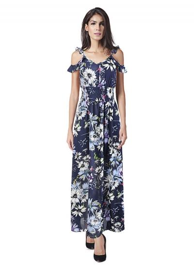 Oasap Spaghetti Strap Bohemian Floral Print Maxi Dress