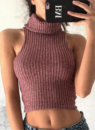 Oasap High Neck Sleeveless Knitted Crop Top