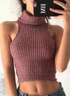 Oasap High Neck Sleeveless Knitted Crop Top
