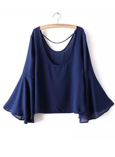 Oasap Round Neck Flare Sleeve Chiffon Blouses