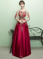 Oasap Elegant Floral Embroidered Floor Length Prom Dress