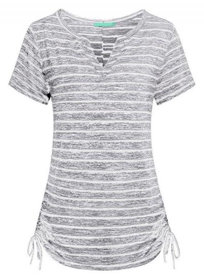 Oasap Summer Slim Striped Short Sleeve V Neck Tee Shirt With Drawstring