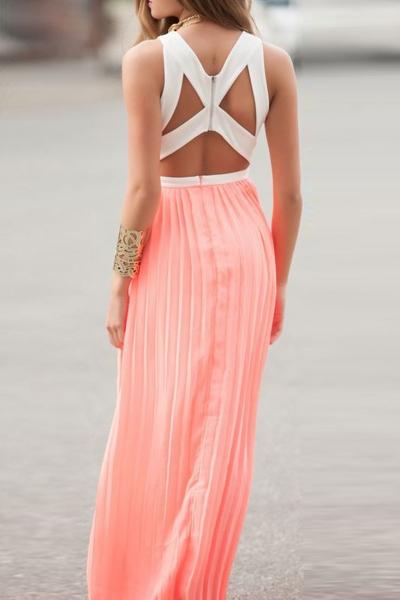 Oasap White Pink Sleeveless Cutout Long Dress
