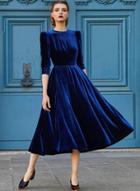 Oasap Fashion 3/4 Sleeve Velvet A-line Midi Dress