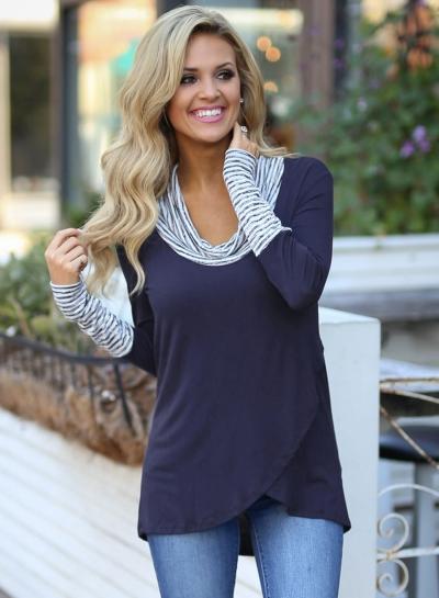 Oasap Casual Stripe Long Sleeve Irregular Pullover Tee