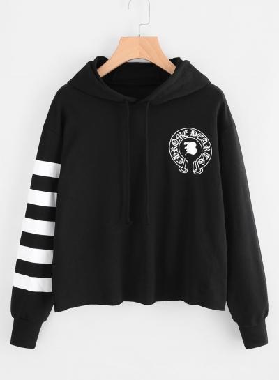 Oasap Long Sleeve Solid Color Printed Crop Top Hoodie