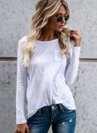 Oasap Casual Solid Long Sleeve Round Neck Bamboo Knot Cotton Women Tee Shirt