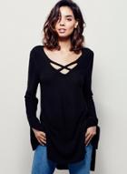 Oasap Deep V Lace Up Loose Fit Design Sweater