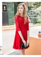 Oasap Plus Size Round Neck Lace Dress