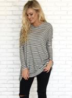 Oasap Round Neck Batwing Sleeve Striped Pullover Knit Tee Shirt