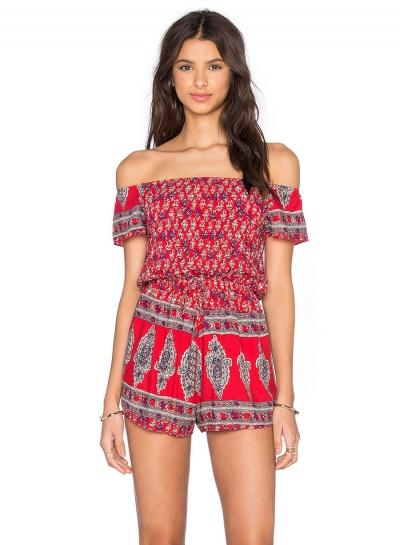 Oasap Slash Neck Off Shoulder Short Sleeve Floral Romper