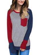 Oasap Round Neck Long Sleeve Color Block Knit Tee Shirt