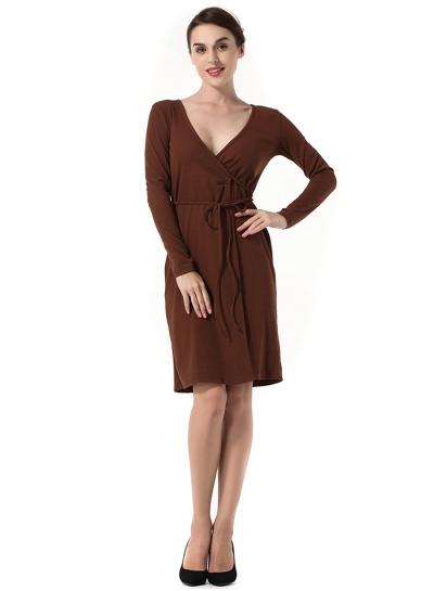 Oasap V Neck Long Sleeve Solid Color Lace Up Dress