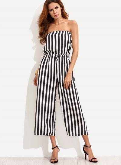 Oasap Strapless Stripe Wide-leg Cropped Jumpsuit