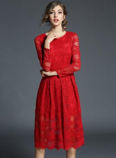 Oasap Round Neck Long Sleeve Lace Midi Dress