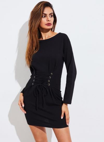 Oasap Fashion Long Sleeve Lace-up Waist Tee Dress