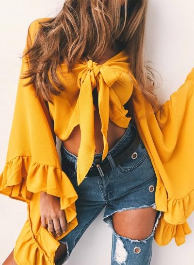 Oasap Fashion Flare Sleeve Tie Front Chiffon Blouse