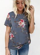 Oasap Fashion Loose Floral Printed Short Sleeve Round Neck Blouse