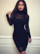 Oasap High Neck Long Sleeve Mesh Bodycon Dress With Lining
