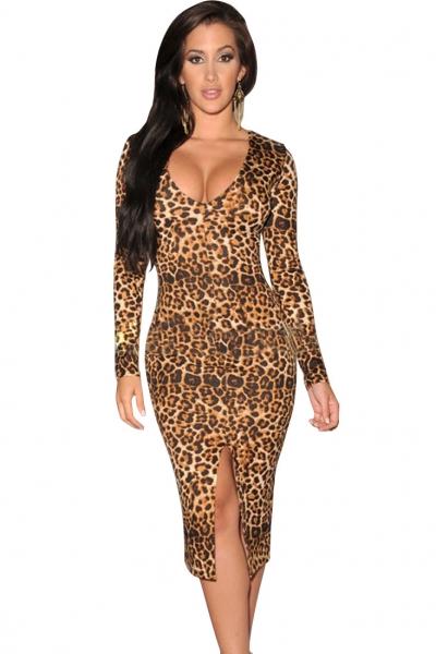 Oasap Leopard Long-sleeve Midi Dress With Front Slit
