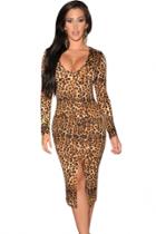 Oasap Leopard Long-sleeve Midi Dress With Front Slit