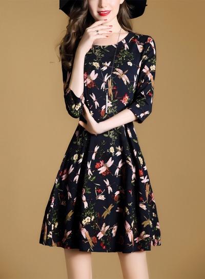Oasap Fashion Floral 3/4 Sleeve Floral Dress