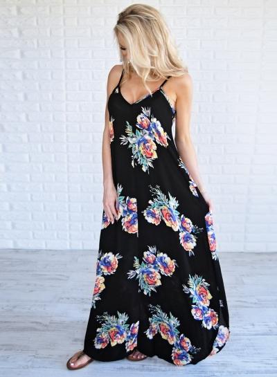 Oasap Spaghetti Strap V Neck Sleeveless Floral Print Maxi Dress