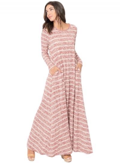 Oasap Round Neck Red Striped Pocket Maxi Dress