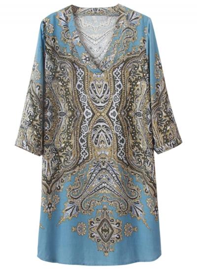 Oasap Women's Vintage Print 3/4 Sleeve Deep V Shift Dress