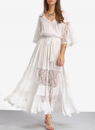 Oasap V Neck Flare Sleeve Lace Maxi Dress