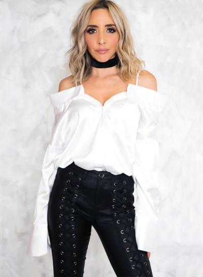 Oasap Spaghetti Strap Off Shoulder Long Sleeve Pullover Solid Blouse