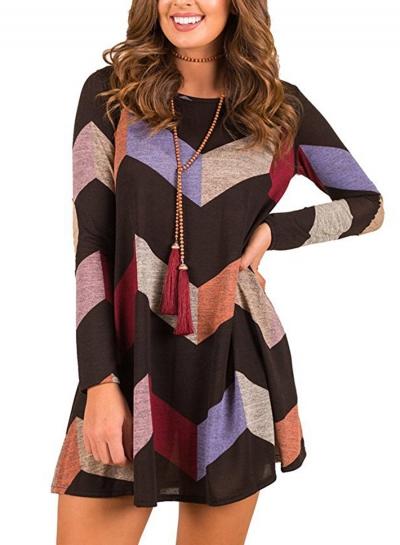 Oasap Casual Long Sleeve Color Block A-line Mini Dress