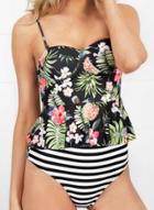 Oasap Floral Printed Spaghetti Strap Striped Swimwear