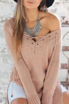 Oasap Solid Color Lace-up Neck Side Slit Sweater
