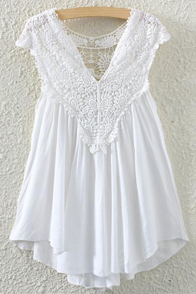 Oasap Delicate Crochet V Neck Pleated Tee