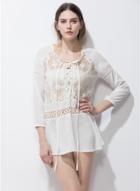 Oasap Round Neck Long Sleeve Lace Panel Hollow Out Blouse
