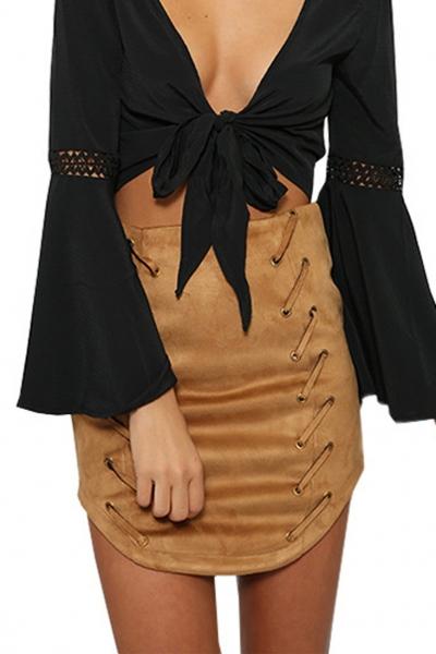 Oasap Khaki Faux Suede Asymmetrical Body-con Skirt