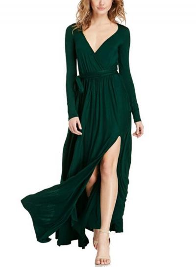 Oasap V Neck Long Sleeve High Slit Maxi Dress With Belt