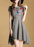 Oasap Striped Short Sleeve Embroidery A-line Irregular Dress