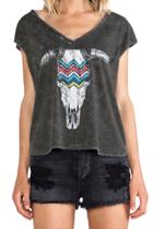 Oasap Women's Fashion V Neck Cap Sleeve Bull Skeleton Printed Tee