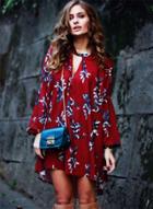 Oasap Casual Long Sleeve Floral Loose High Low Dress