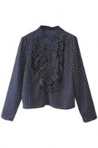 Oasap Dotted Print Navy Ruffled Blouse