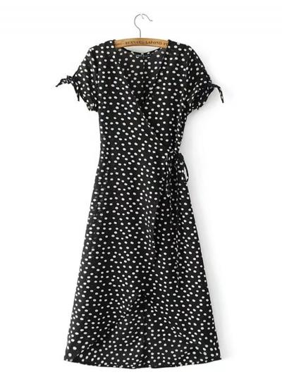 Oasap Deep V Neck Polka Dot Dress