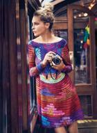Oasap Round Neck Long Sleeve Colorful Striped Dress