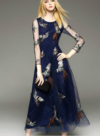 Oasap Navy Mesh Bird Embroidery Prom Dress