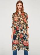Oasap Stand Collar Floral Print Drawstring Waist Slit Dress