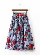 Oasap Floral Print Lace-up Plaid Skirt