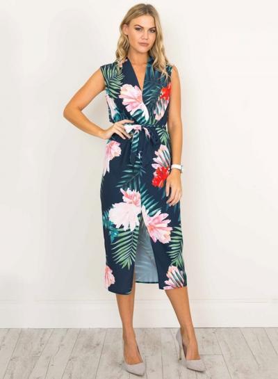 Oasap V Neck Sleeveless Floral Print Slit Dress With Belt