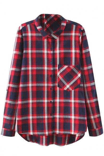 Oasap Plaid High Low Design Patch Pocket Button Down Shirt